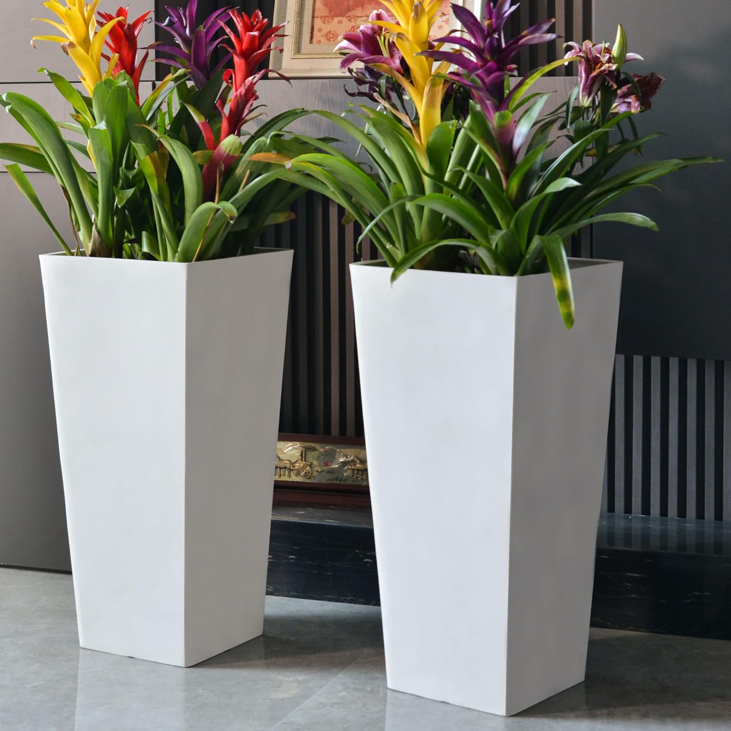 GreenShip 27" Tall Planters, Set of 2  Black Outdoor Planter for Front Porch & Tall Plants, Weather-Resistant, with Drainage Hole & Rubber Plug (No Plants Included) (White-2pcs)