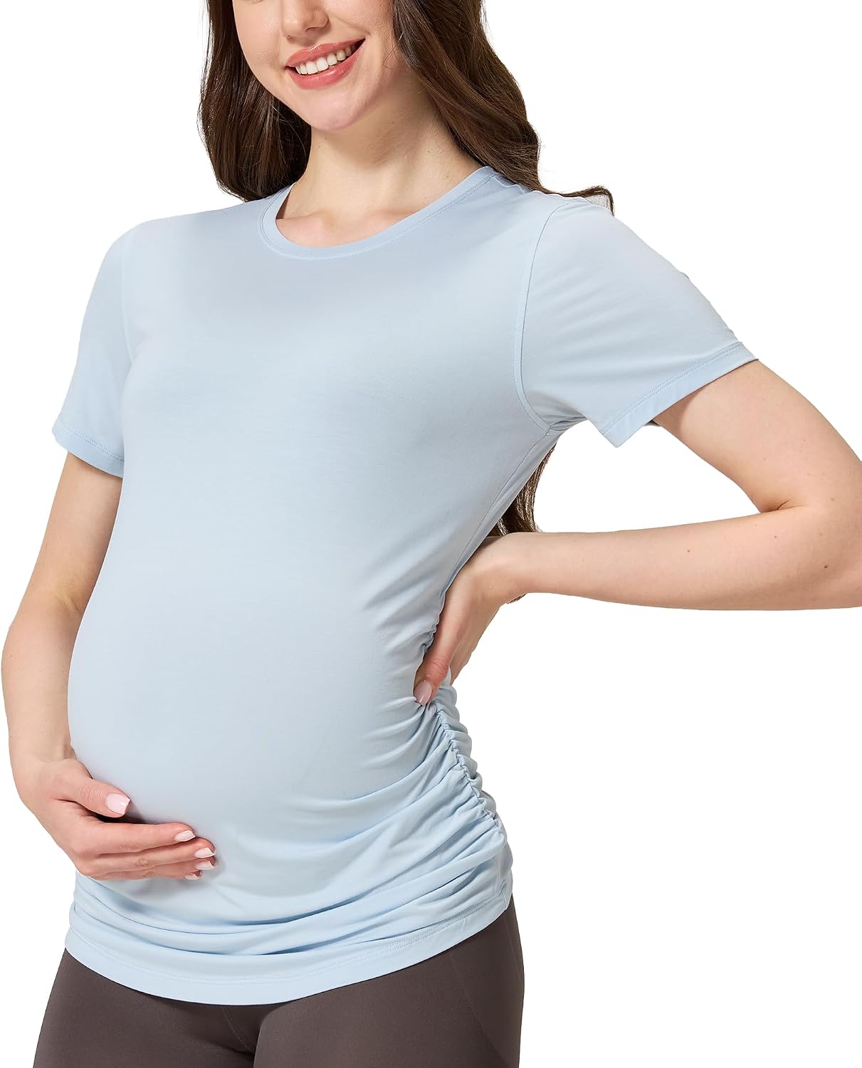 netdraw Buttery Soft Bamboo Viscose Maternity T Shirt, Pregnancy Short Sleeve Side Ruched Casual Tops