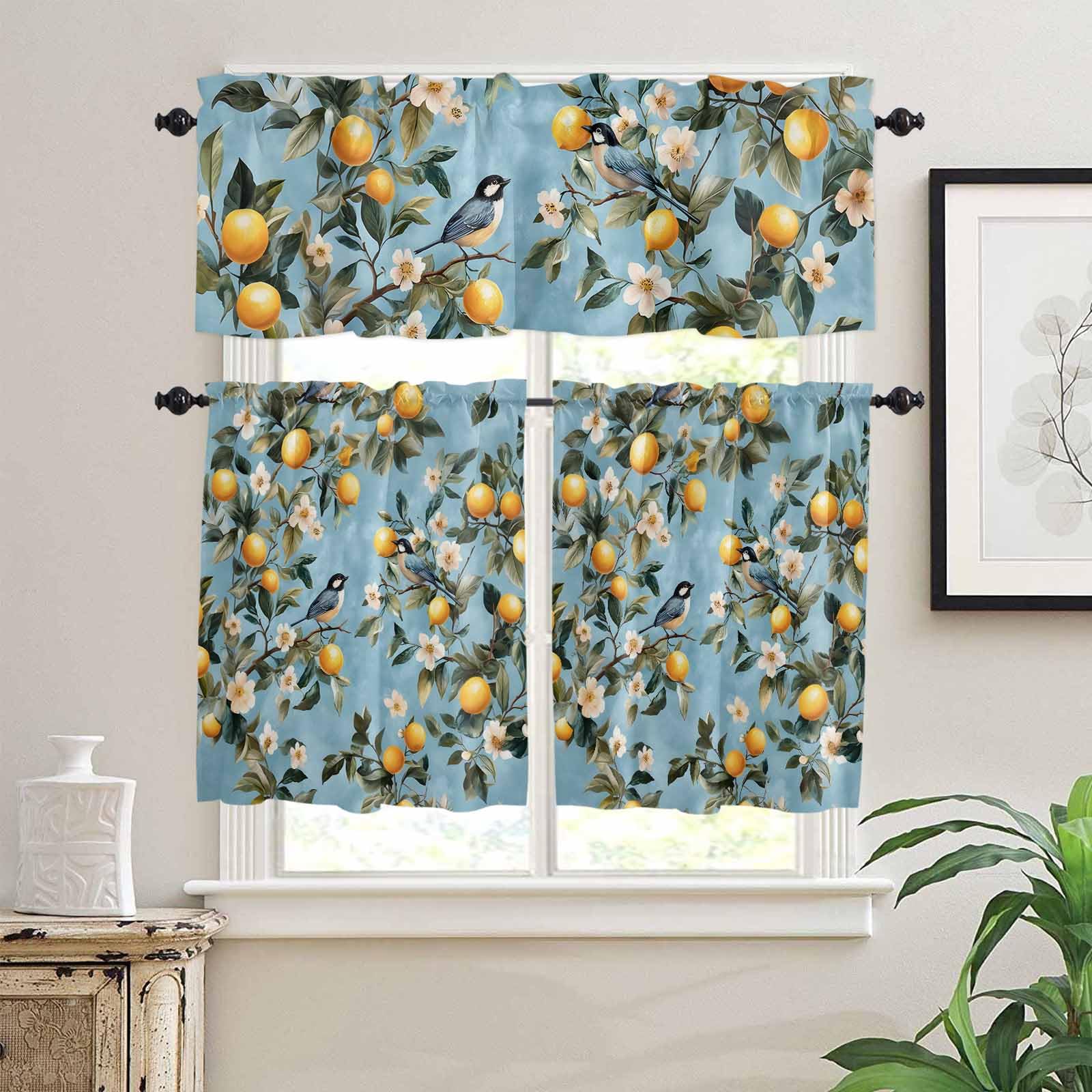 Lemon Flowers Kitchen Curtains 36 Inch Length,3 Piece Rod Pocket Small Half Tiers and Valance Set,Country Bird Plant Watercolor Blue Summer Small Large Window Treatment Decor for Bedroom/Bathroom