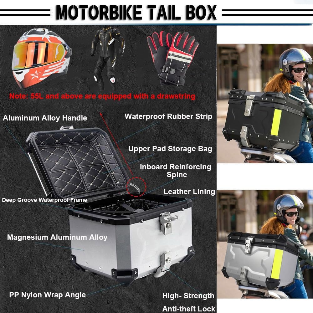 Baul para Moto Topcase, Baúl De Aluminio para Moto Scooter Maleta,Caja De Motocicleta con Respaldo Y Asa,Maletero De Moto 45L 55L 65L 80L 100L(Negro,45L)