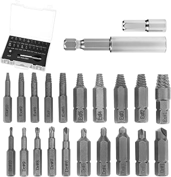 QWORK Screw Extractor Set for Stripped, Broken, Damaged Screws, 22 PCS Stripped Kit, Damaged Screw Remover Set, with Magnetic Extension Bit Holder and Socket Adapter