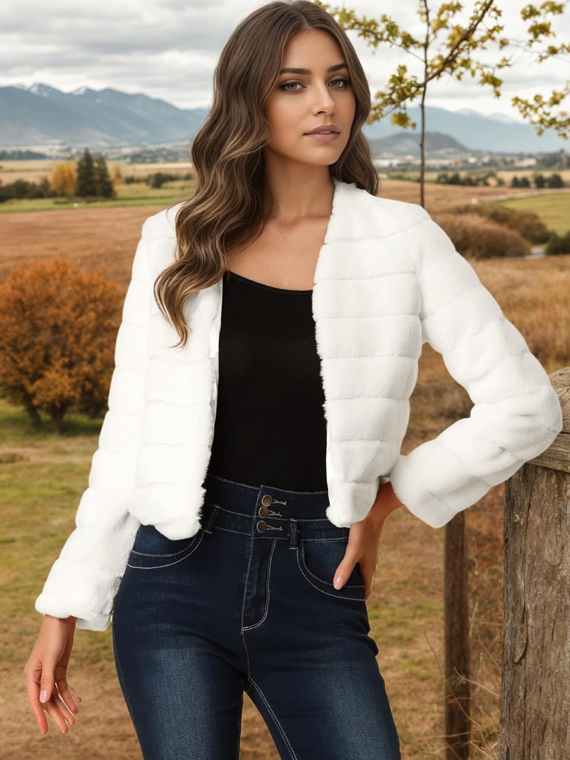 Allegra K Women's Faux Fur Coat Long Sleeve Cropped Fluffy Jacket Collarless Casual Winter Warm Outwear - Image 2