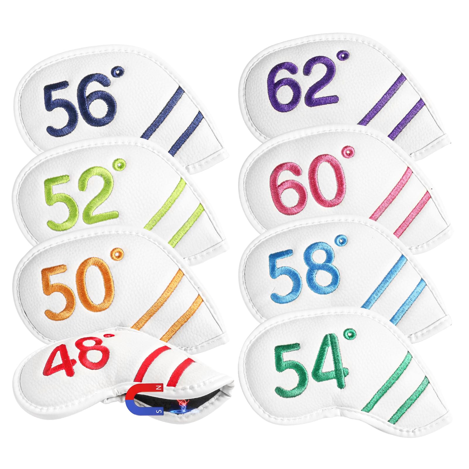 FINGER TEN Magnetic Golf Wedge Headcover 1 or 8 Pack, Double-Sided Color Embroidery Degree Labels 48°-62°, Scratch-Resistant Synthetic Leather Cover for Golf Iron Club Protection (White, 8 Pack)