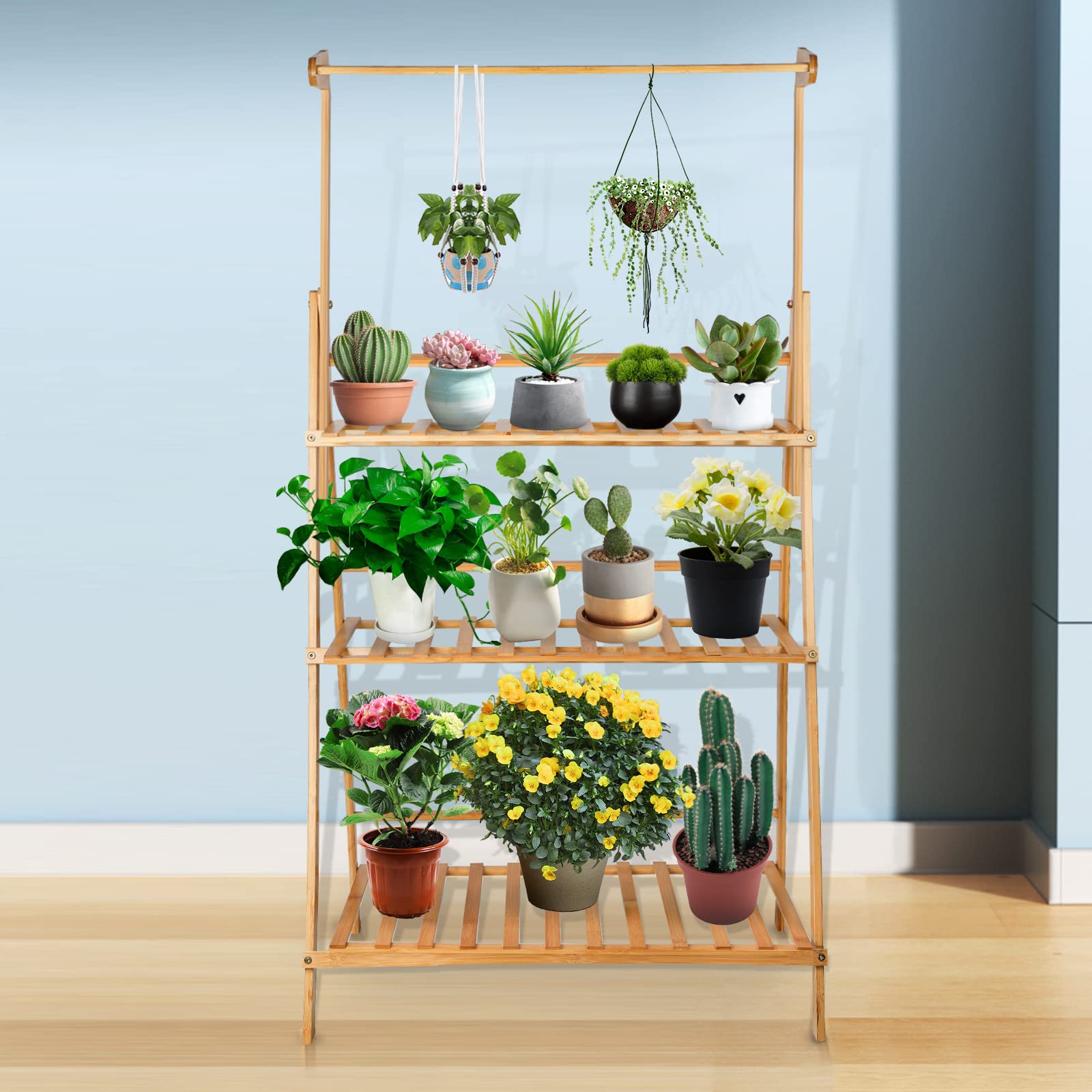 HUOLE Porte Plante Suspendue Bambou, Étagère Plante Pliable de 3 Niveaux, Echelle Fleur avec Tige Suspendue, Idéal pour Maison Balcon Terrasse Jardin - 70*40*141cm - bûches