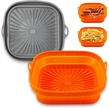 2 Pcs Reusable Silicone Air Fryer Liners, 8-Inch Square, Gray & Orange