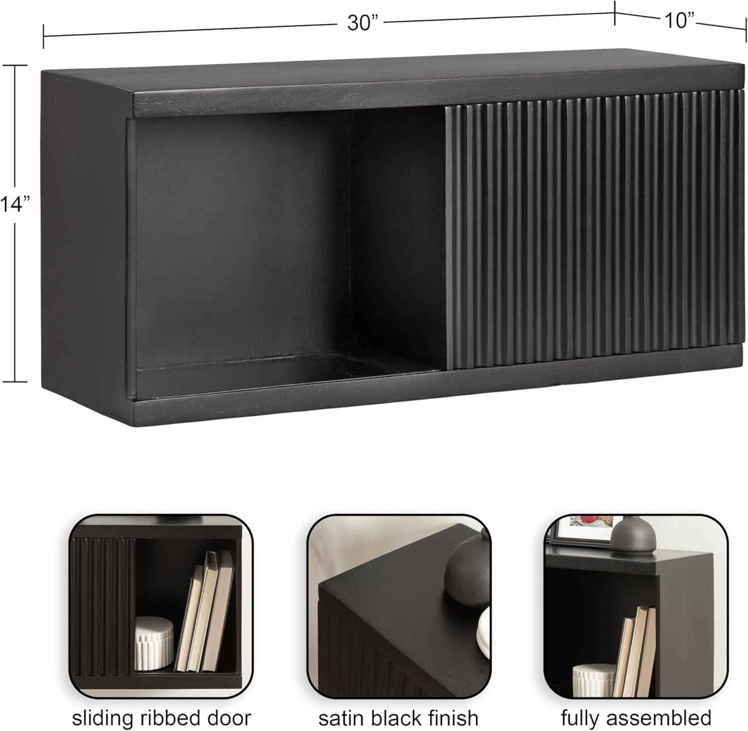 Kate and Laurel Furrow Modern Wooden Sliding Ribbed Door Wall Cabinet; 30 x 10 x 14; Black; Decorative Storage Cabinet with Sliding Door for Use as Floating Nightstand or Floating TV Shelf