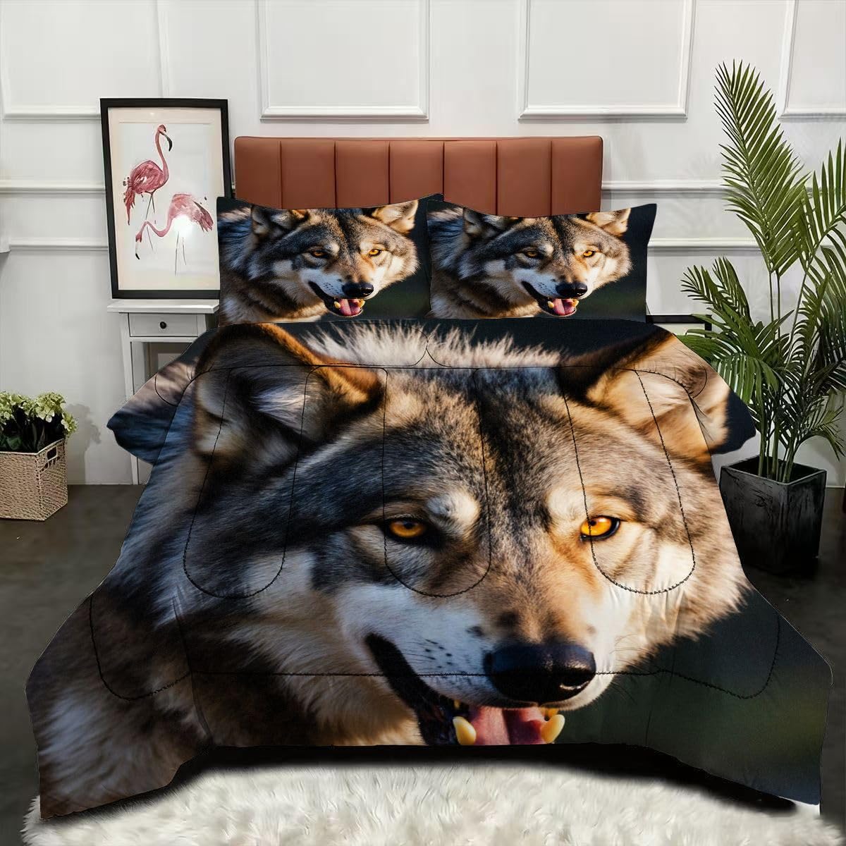 Couette 240 x 260 cm loup 3D avec 2 taies d'oreiller microfibre