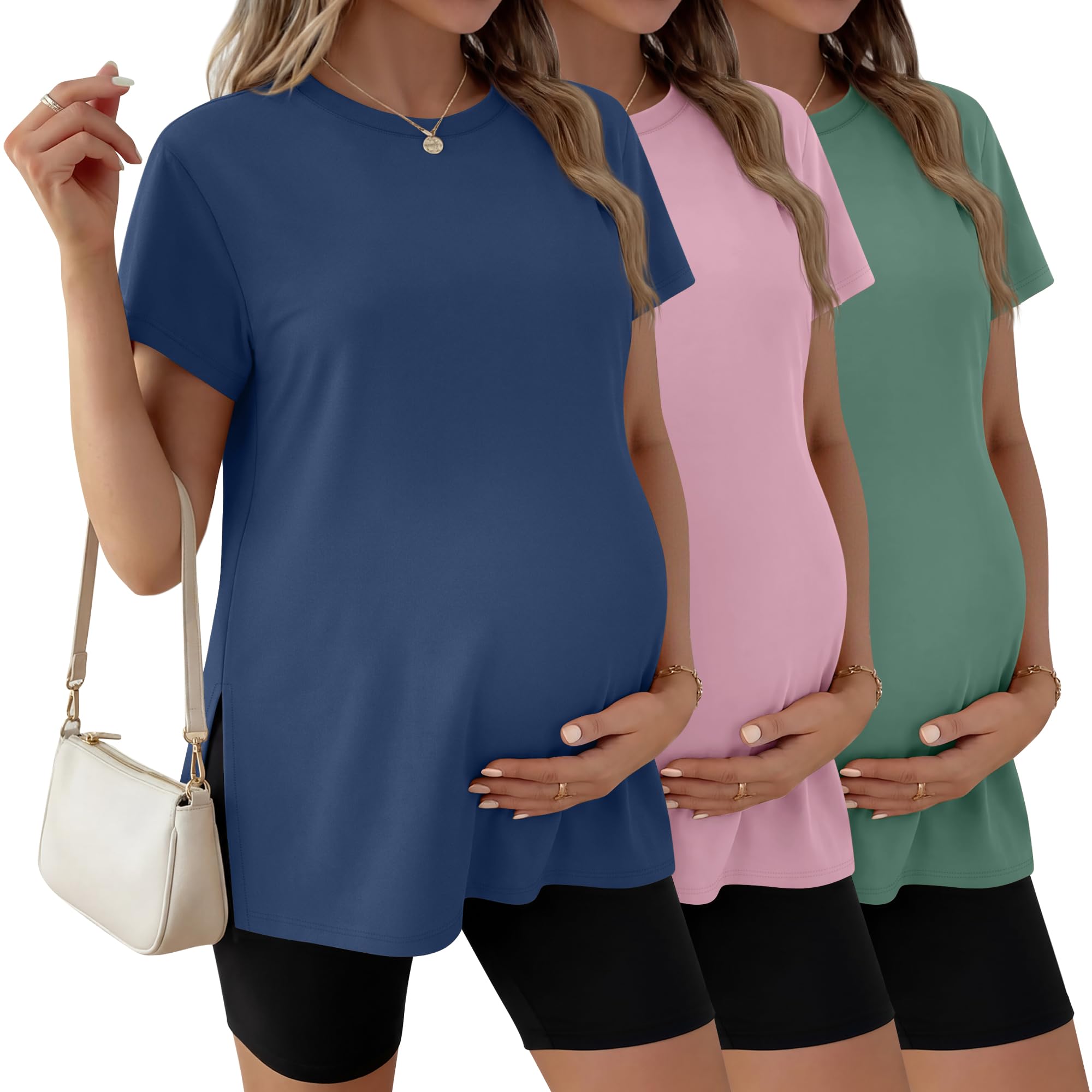 Ficerd Paquete de 3 Camisetas de Maternidad para Mujer De, Manga Corta, Aberturas Laterales, Cuello Redondo, Estilo Casual