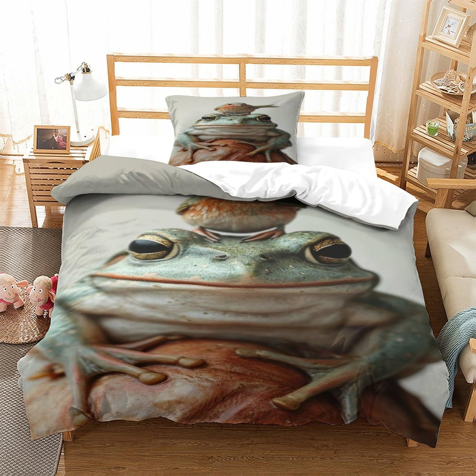 P1S9U7W5Y 3D Printed Cartoon Frog Duvet Cover Set 3 Pieces Microfiber Bedroom Decor Frog Bedding Set for Adults Teens Single（135x200cm）