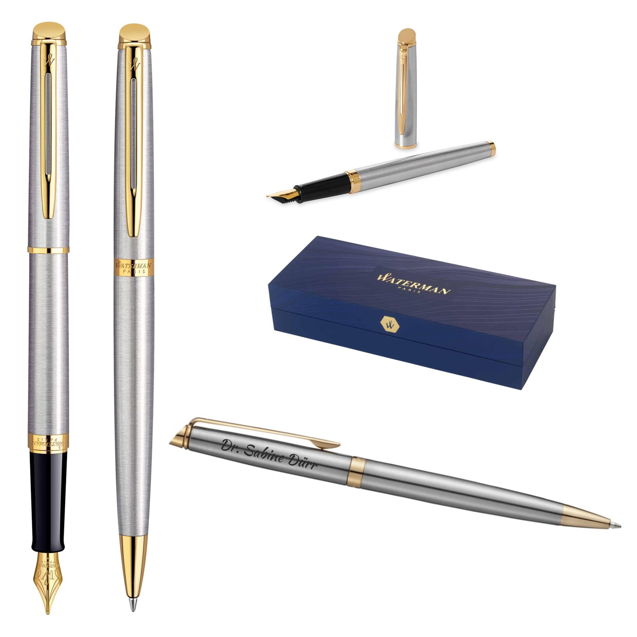 Waterman Hémisphère - Set di penne stilografiche e penne a sfera con incisione, personalizzabili come regalo per compleanni, anniversari e regali di Natale (Stainless Steel G.T)