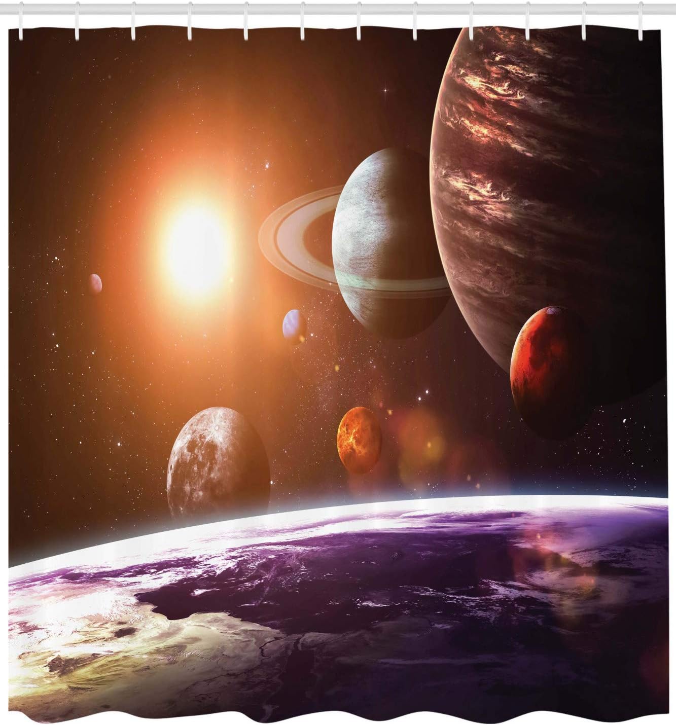 Ambesonne Galaxy Shower Curtain, Space Theme View of The Planets from Earth Science Room Art with Sun and Moon, Cloth Fabric Bathroom Decor Set with Hooks, 69" W x 84" L, Magenta Orange