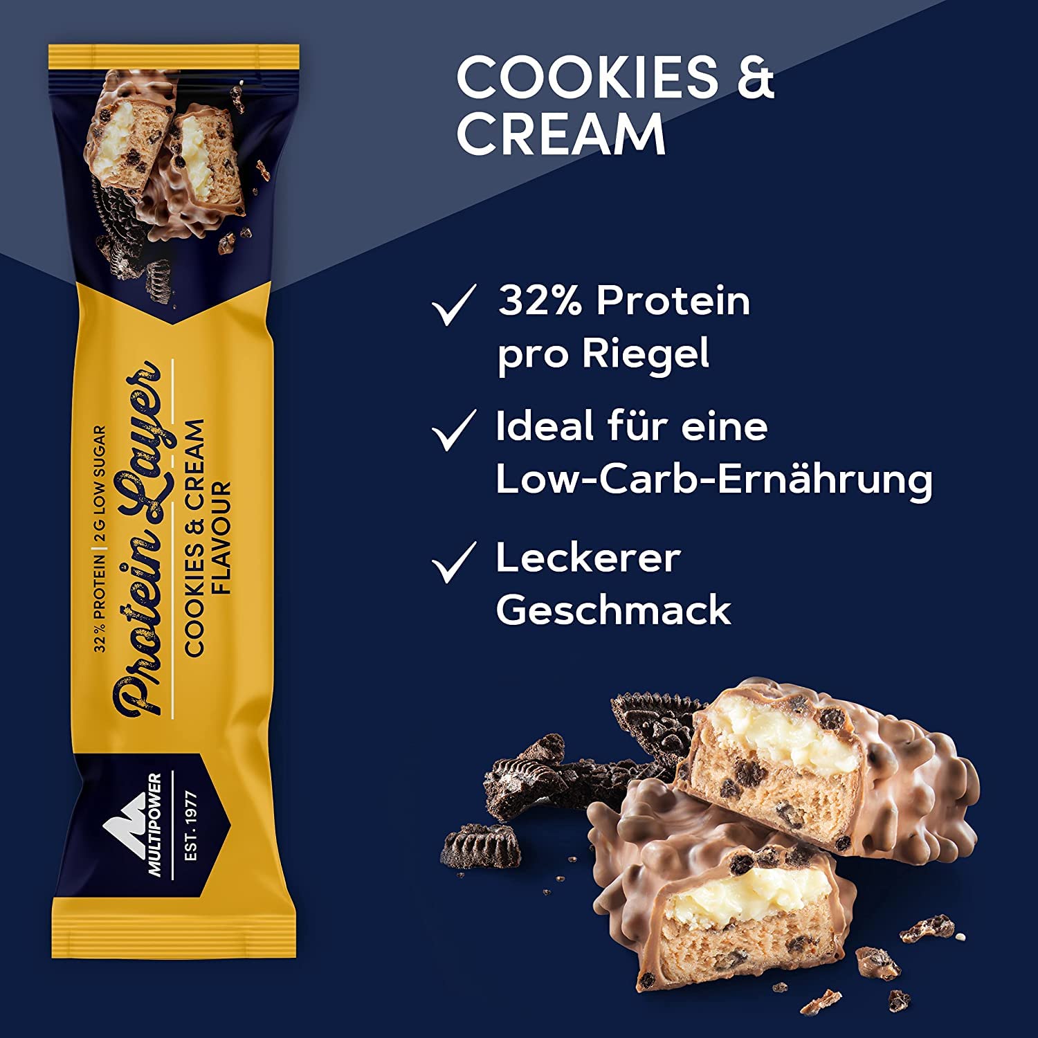 Multipower Protein Layer Eiweißriegel – 18 x 50 g Protein Riegel Box (900 g) – kalorienarmer Energieriegel – Cookies & Cream