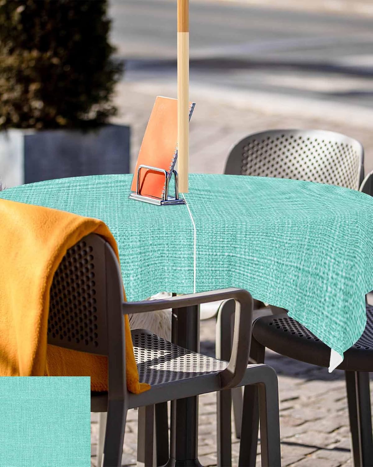 Outdoor Tablecloth with Umbrella Hole and Zipper 60" Square Teal Green Rustic Vintage Burlap Texture Water Repellant Table Cover Tabletop Collection for Party Patio Picnic