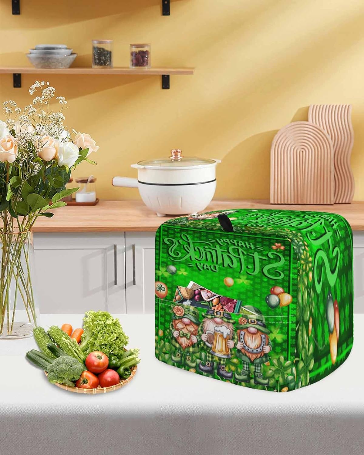 St. Patrick's Day Stand Mixer Cover with Storage Pocket, Waterproof Kitchen Mixer Covers, Green Gnomes Shamrock Botanical Spring Kitchen Appliance Dust Cover Compatible with 5-8 Quart Mixers