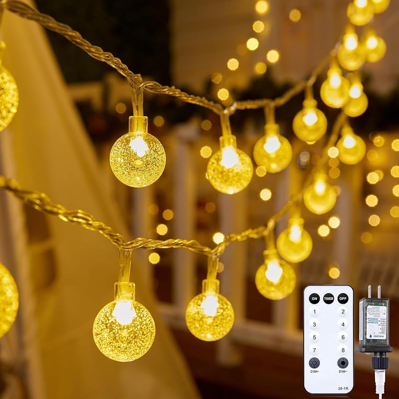 Minetom Guirnalda de luces tipo globo – Enchufe 33 pies, 100 luces LED de cristal con 8 modos de iluminación y control remoto para patio, porche, jardín, pileta, tienda de campaña, playa, dormitorio, decoración de fiesta de boda, blanco cálido
