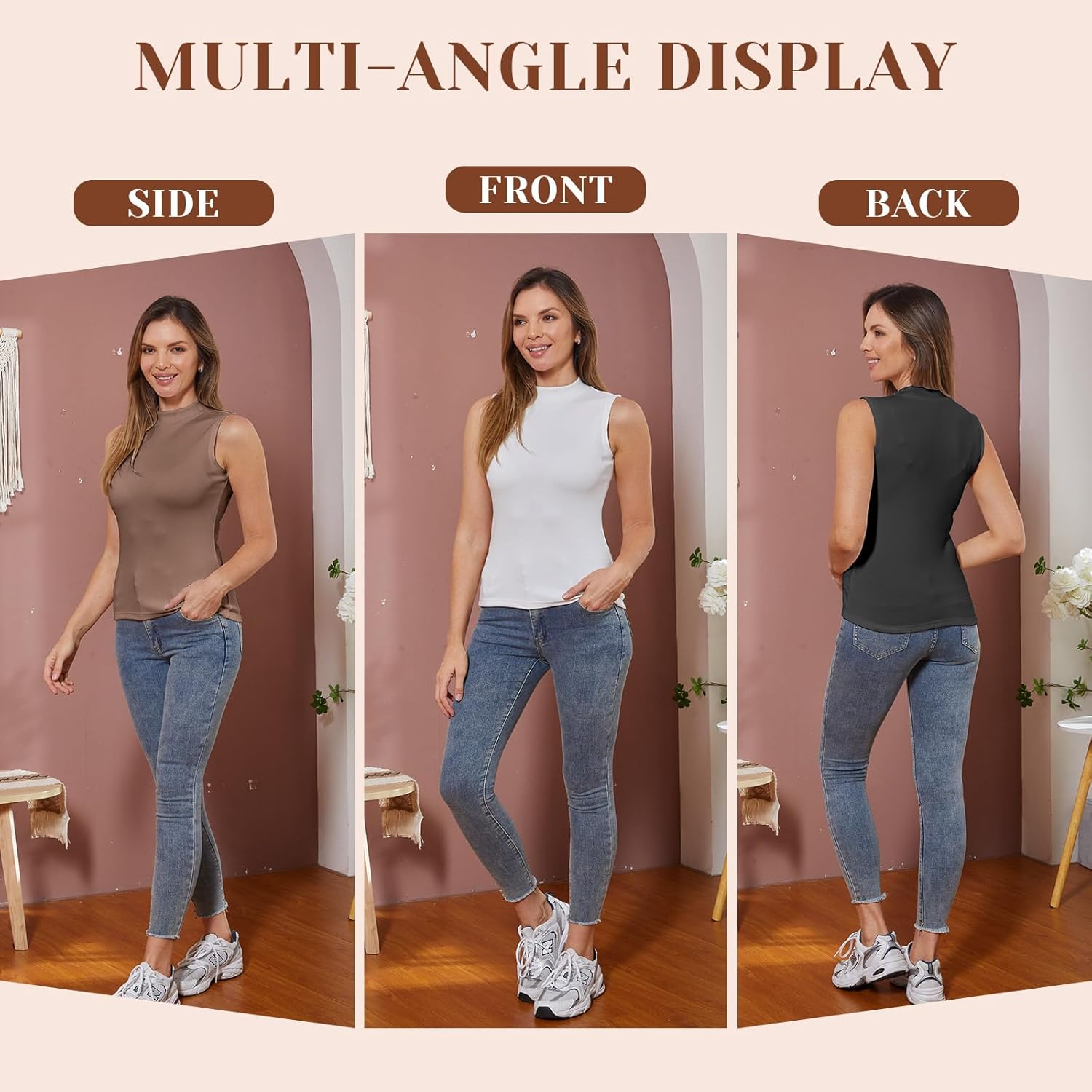 Toulite 4 Pack Women's Mock Turtleneck Sleeveless Tops Fleece Stretch Slim Fitted Mock Neck Tank Tops Winter Basic T Shirts - Image 4