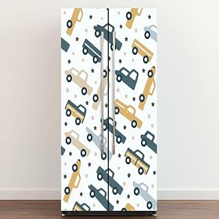 Self Adhesive Vinyl Refrigerator Wrap Kids Farm Cars Pickup Truck Trailer Cartoon Scandinavian Style for Door Mural Sticker Peel and Stick Removable Door Cover Fridge Wrap Decal for Kitchen Decor
