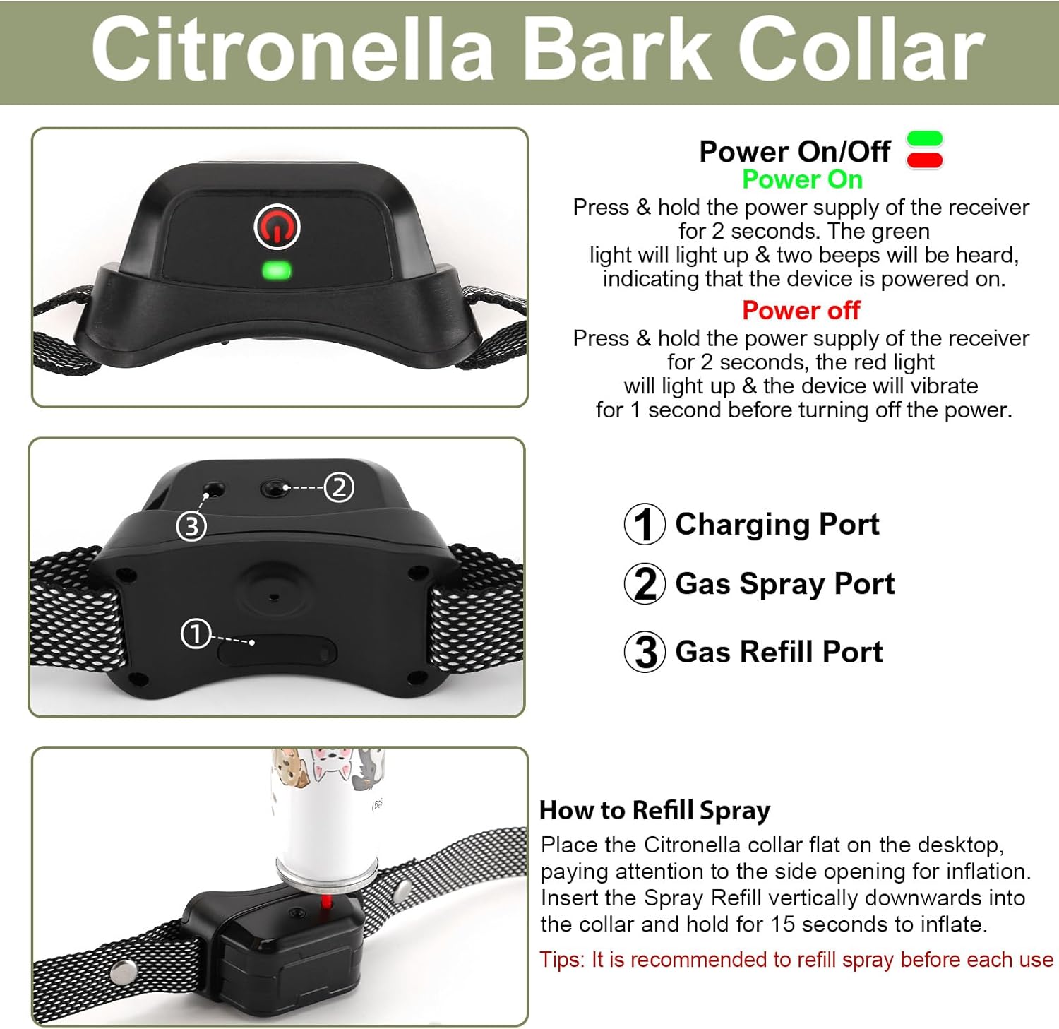 Diagram illustrating the power button location and power on/off indicators on the collar receiver.