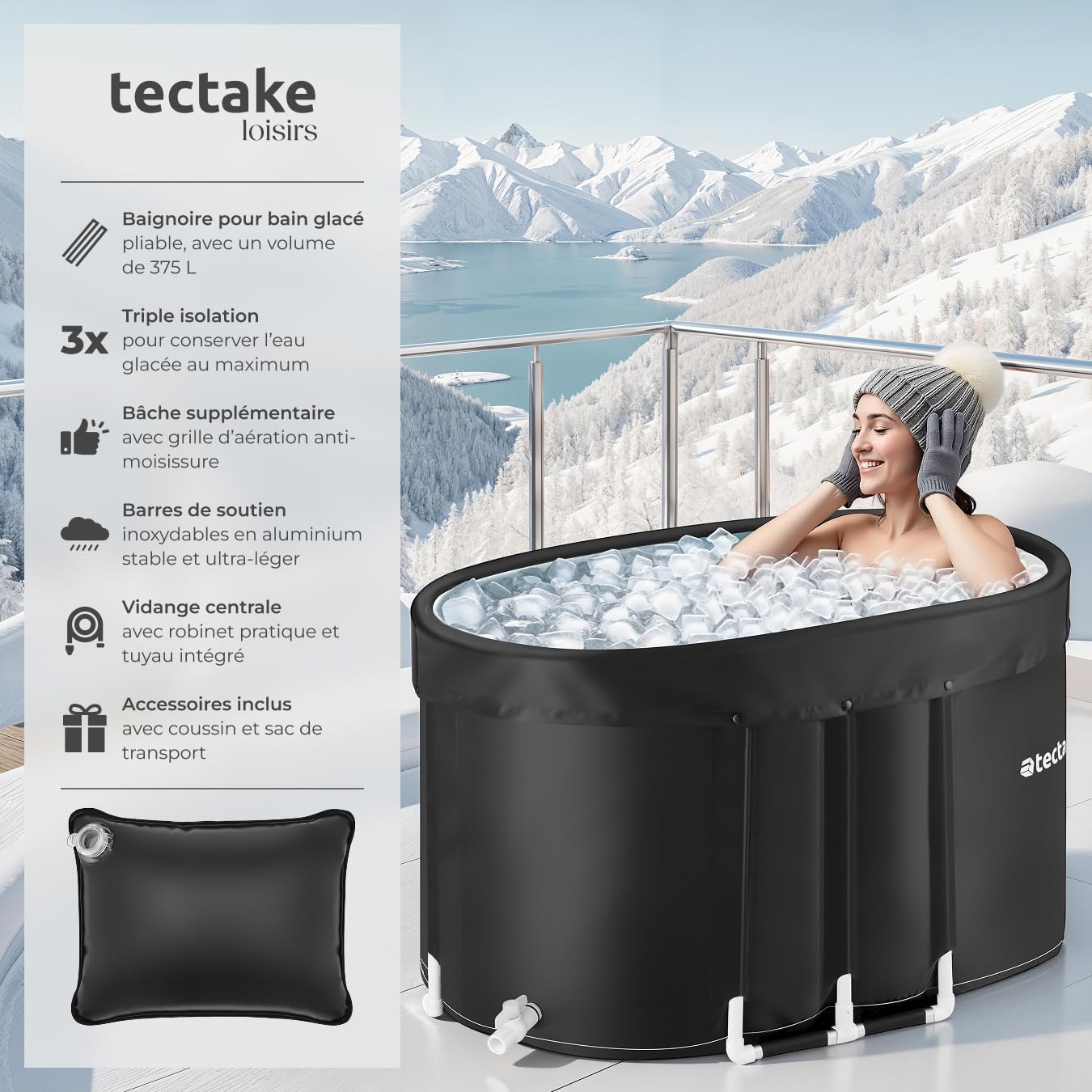 tectake® Baignoire à glace 105 x 70 x 66 cm Bain nordique 375 Litres Bain froid, Sac de transport et Coussin d’eau Baignoire pliable adulte Ice bath Recuperation musculaire Cryothérapie Sport maison