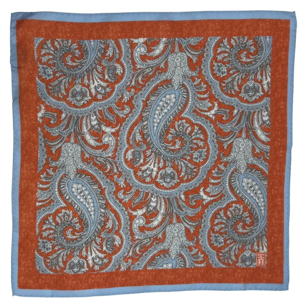 the tie hub Orange Italian Silk Pocket Square for Men with Blue Paisley Design and Dual Border-picture-57