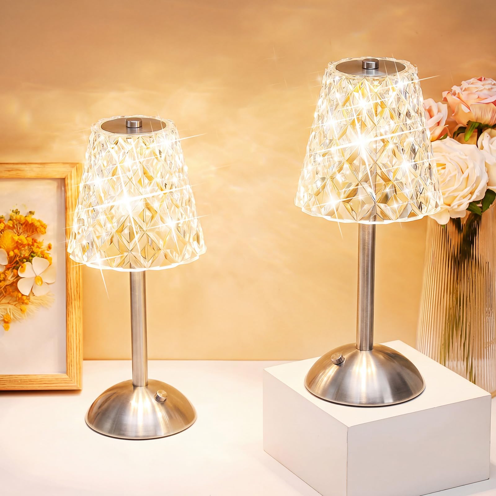 Liliful 2 Pcs Cordless Table Lamp LED Touch, Silver, Diamond Style