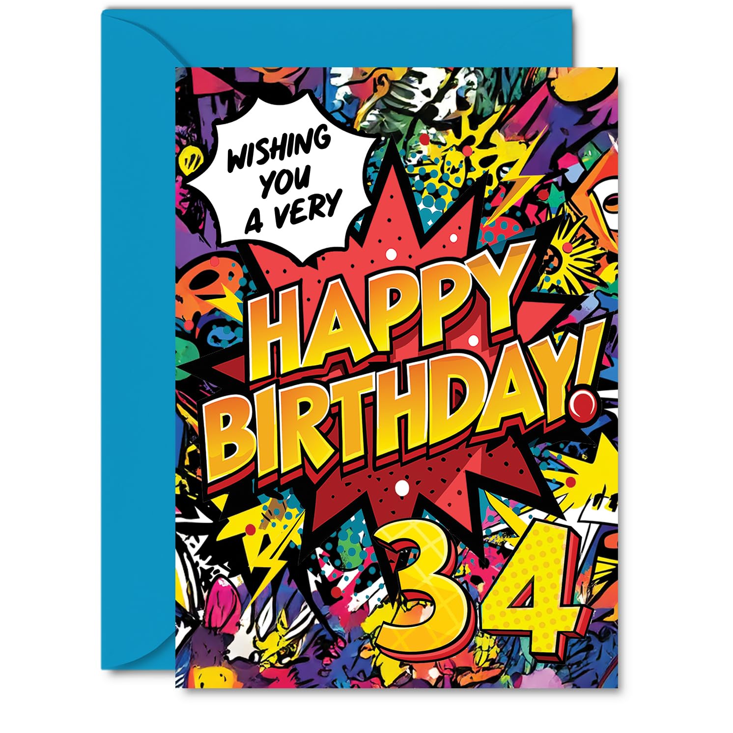 34th Birthday Cards for Men Women - Comic Book Pow! - Happy Birthday Card for 34 Year Old Man Woman Cousin Neighbour Brother Wife, A5 Bday Greeting Cards
