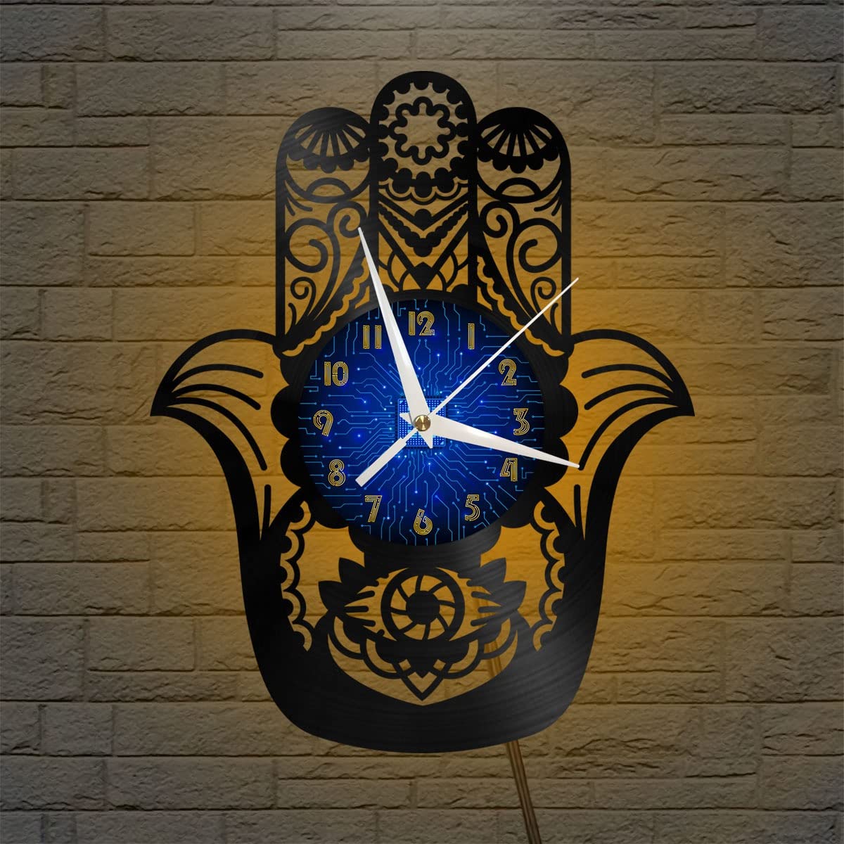 Horloge murale vinyle noir mandala hippie lumineuse LED déco murale 12 pouces