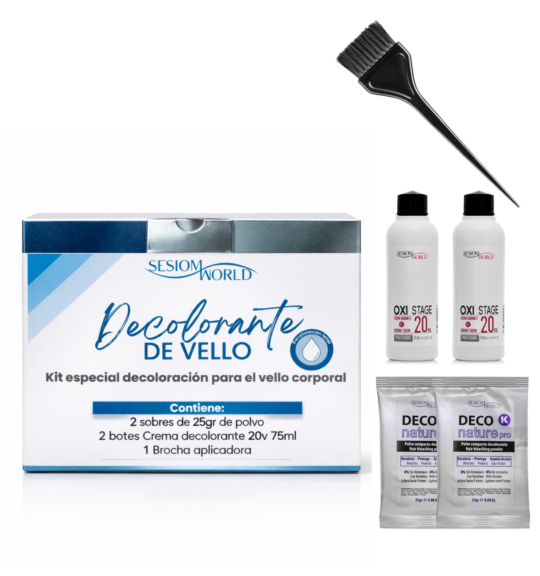 SesiomWorld Kit per capelli professionali – 2 creme da 20 vol, 2 buste in polvere e pennello applicatore – schiarimento sicuro e uniforme per il corpo