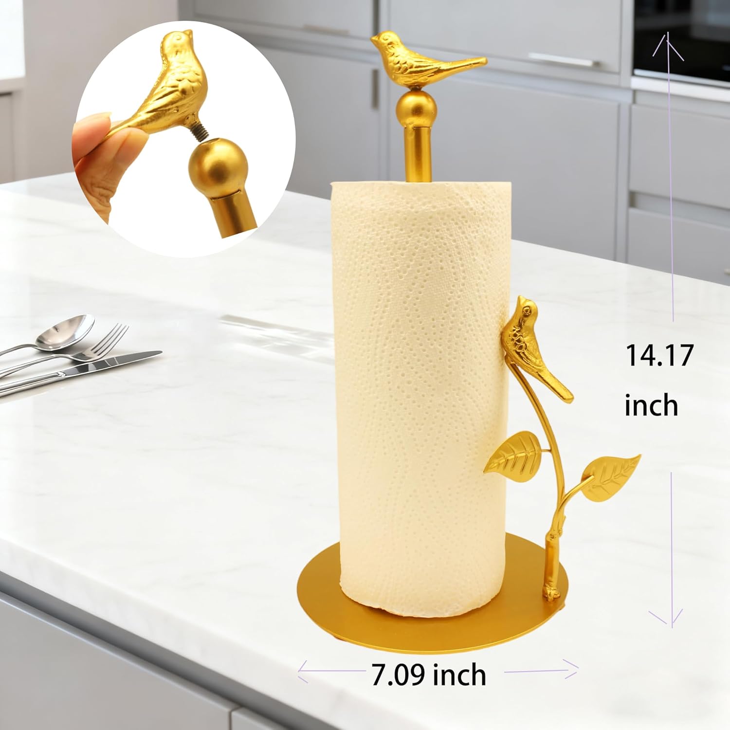 Gold Paper Towel Holder with Arm Fit Most Size Paper Roll Gold Paper Towel Holder Countertop Golden Bird Decor for Kitchen