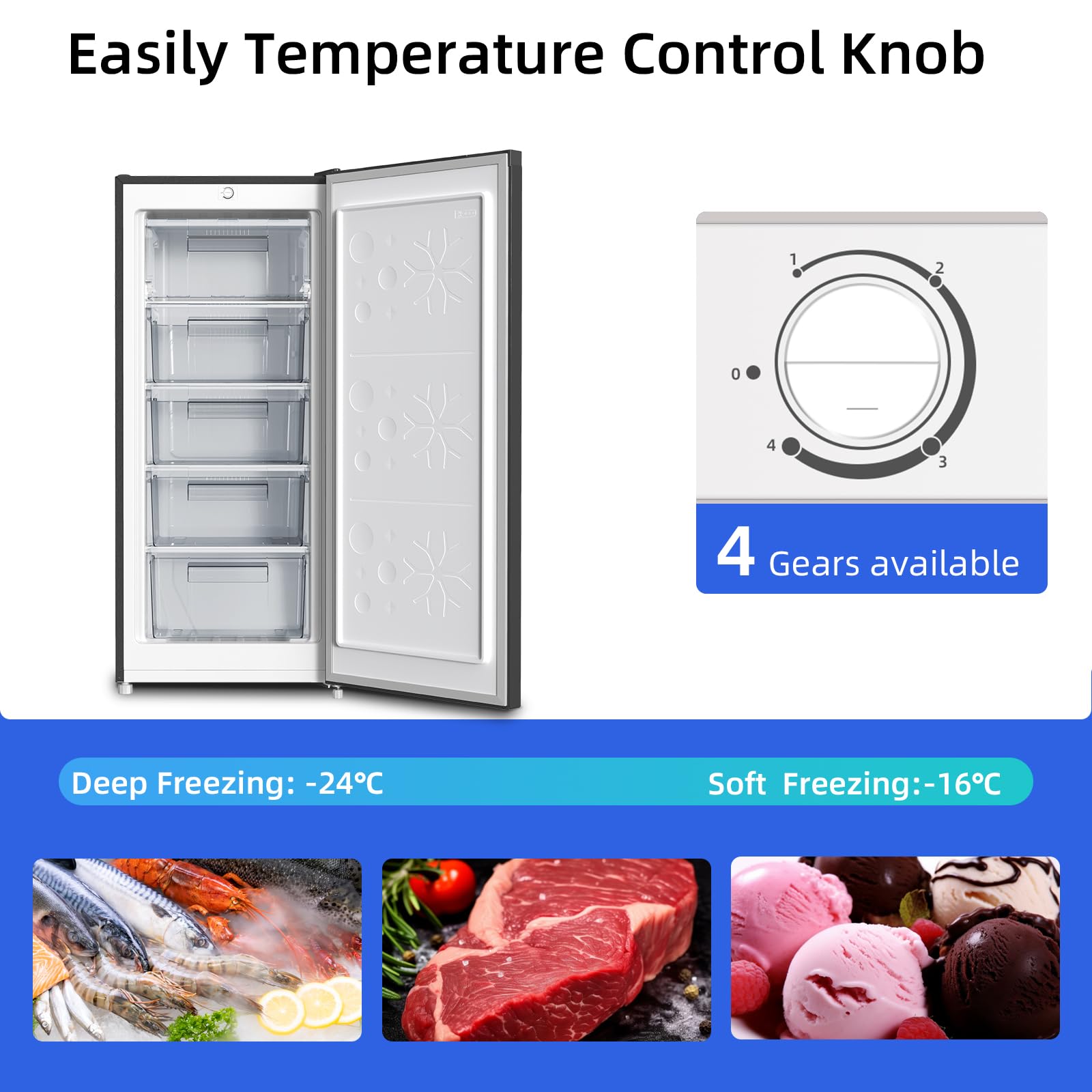 CHiQ FSD140D4EU Upright Freezer, 145L, E, 5 Levels, 12-Years Free Warranty on The Compressor,H1250 x W540 x D550, Black, New - 3