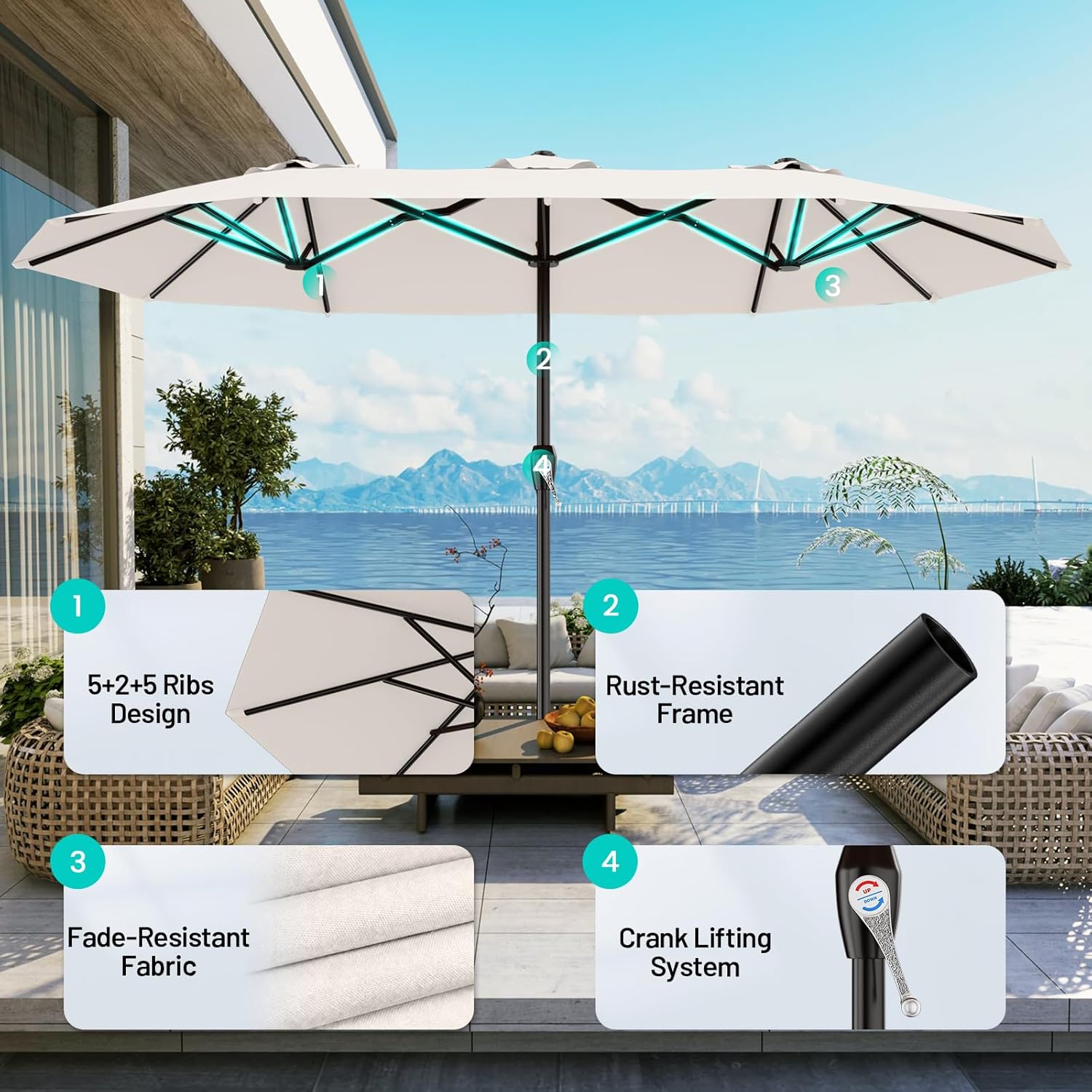 AreShark 15ft Patio Umbrella with Base, Double Sided Outdoor Umbrella with 12 Fiberglass Ribs, Large Outdoor Umbrella for Garden, Pool, Deck, Backyard & Market, Cream White