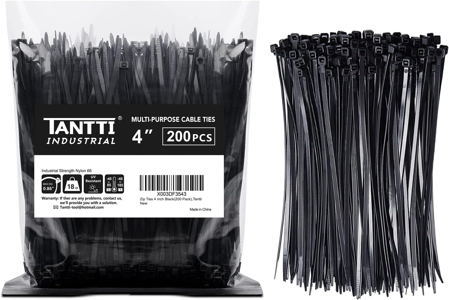 Tantti Zip Ties 4 inch, Small Zip Ties with 18 lb Tensile Strength, Black, 200 Pack, by Supply