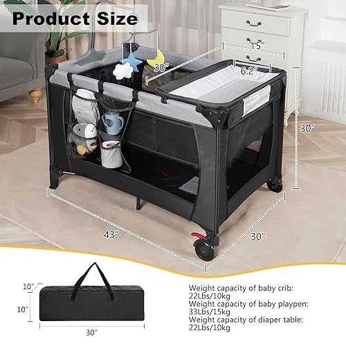 Miniatura 6 de Empaca y juega con cambiador y bolsa de transporte, corralito portátil 4 en 1 para recién nacidos a niños pequeños, cuna de viaje plegable con
