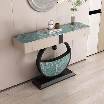 Sintered Stone Console Unit with Drawer, Narrow Entryway Furniture on Metal Legs, Slim Hallway Accent Tables, Behind Couch Surface for Small Homes and ApartmentsBlack-Green,L140*W35*H92cm