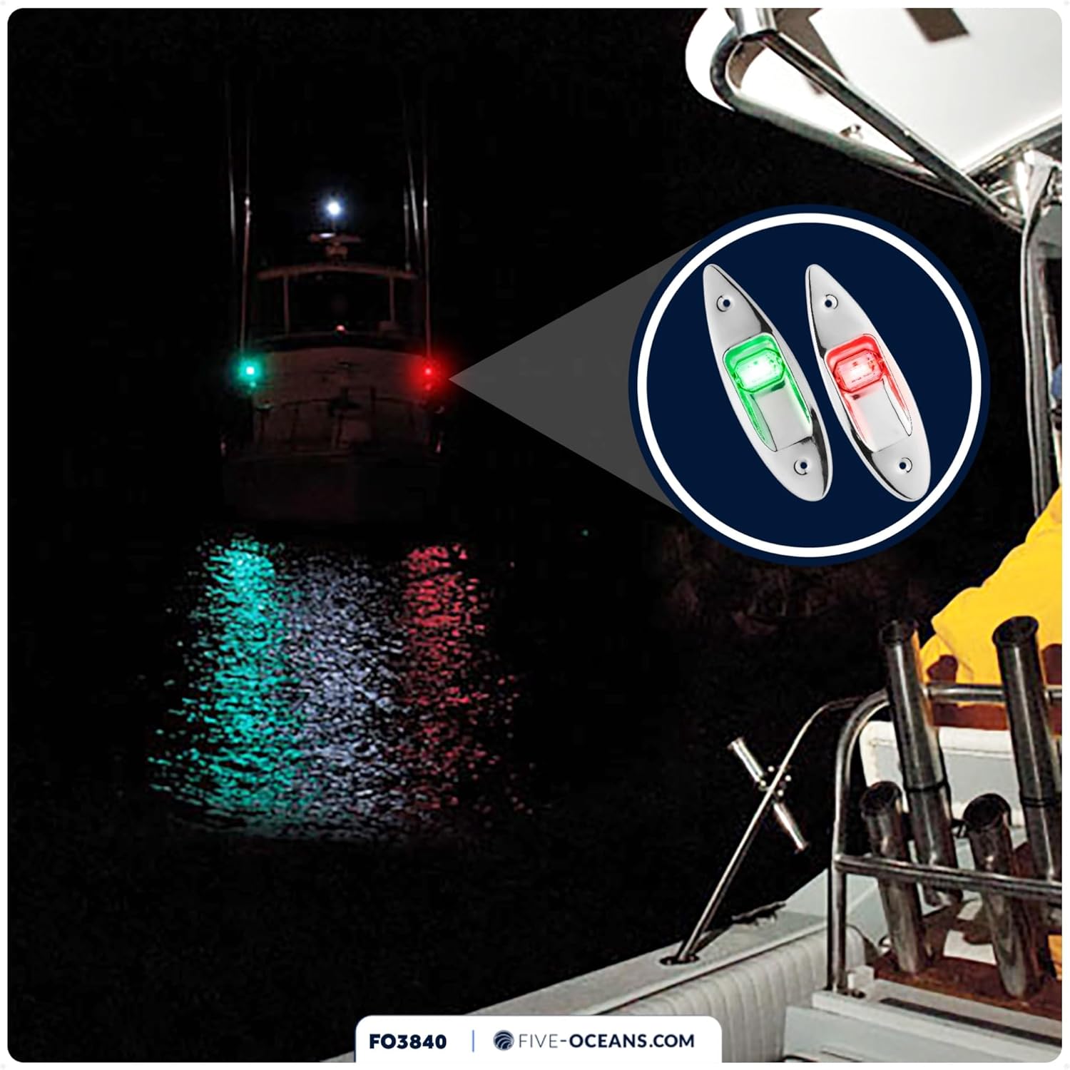 Five Oceans LED Boat Navigation Lights, Bow Light, Vertical Mount Sidelight, Red & Green, 12-Volt, USCG 2NM - FO3840