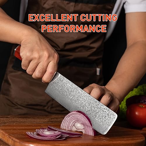 Vista 30 de Santoku - Cuchillo de cocina profesional VG-10 de 7 pulgadas con núcleo de corte de 67 capas, cuchillo de chef con mango hexagonal de madera natural