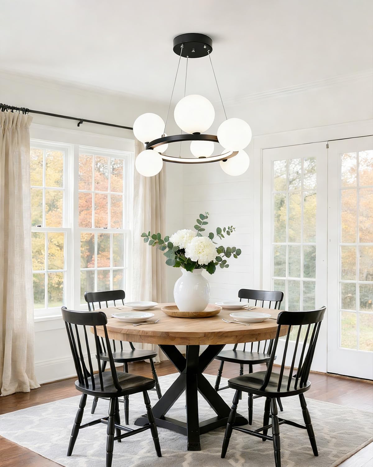 Modern Bubble Globe Chandelier, 8-Lights Ball LED Hanging Ceiling Lamp Flush Milk White Glass Round Pendant Light Fixtures Over Table for Dining Living Room, Black Sputnik Chandeliers Indoor Lighting