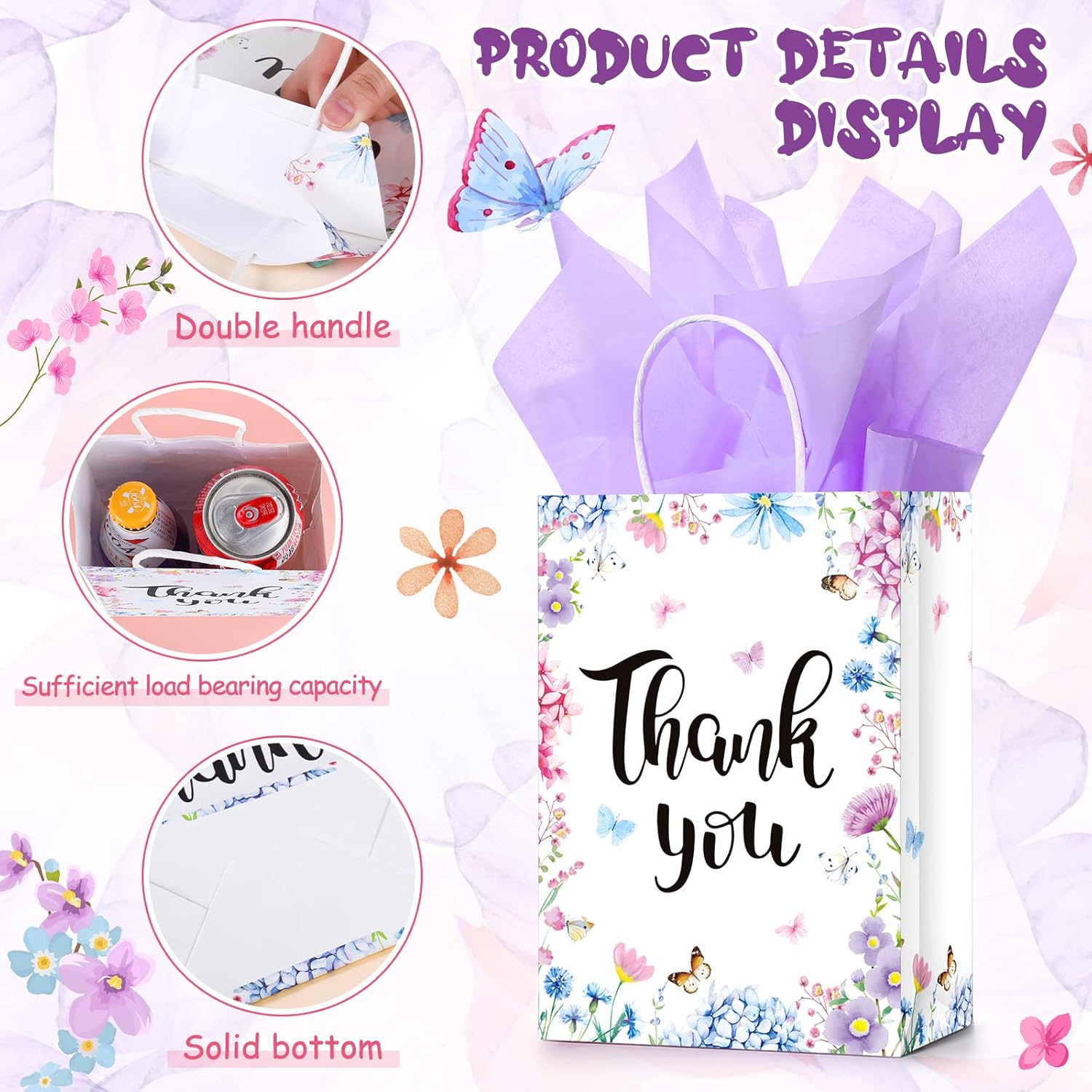 Tinlade 30 Pcs Thank You Gift Bags with Tissue Paper Gold Thank You Wedding Bags with Handle for Graduation Business Shopping Wedding Shower Party Favors(Floral Color) - Image 4