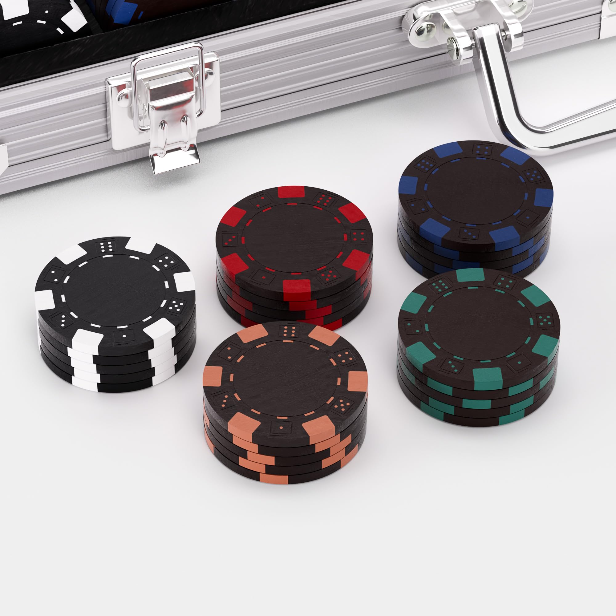 Juego de 500 fichas de póquer para Texas Holdem, Blackjack, torneos con funda de aluminio, 2 barajas de cartas, distribuidor, ciega pequeña, botones ciegos grandes y 5 dados, 11.5 gramos
