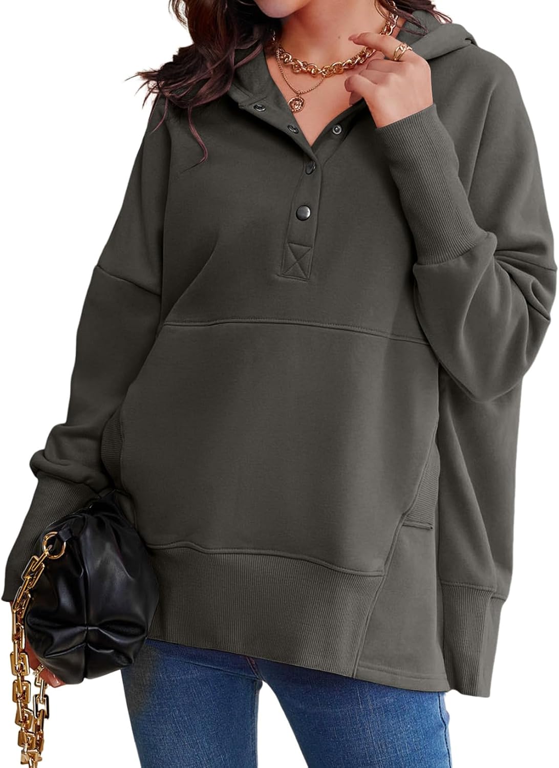 AlvaQ Womens Oversized Sweatshirts Hoodies Fleece Button Neck Hooded Tops Casual Pullover Tunics Winter Outfits 2025
