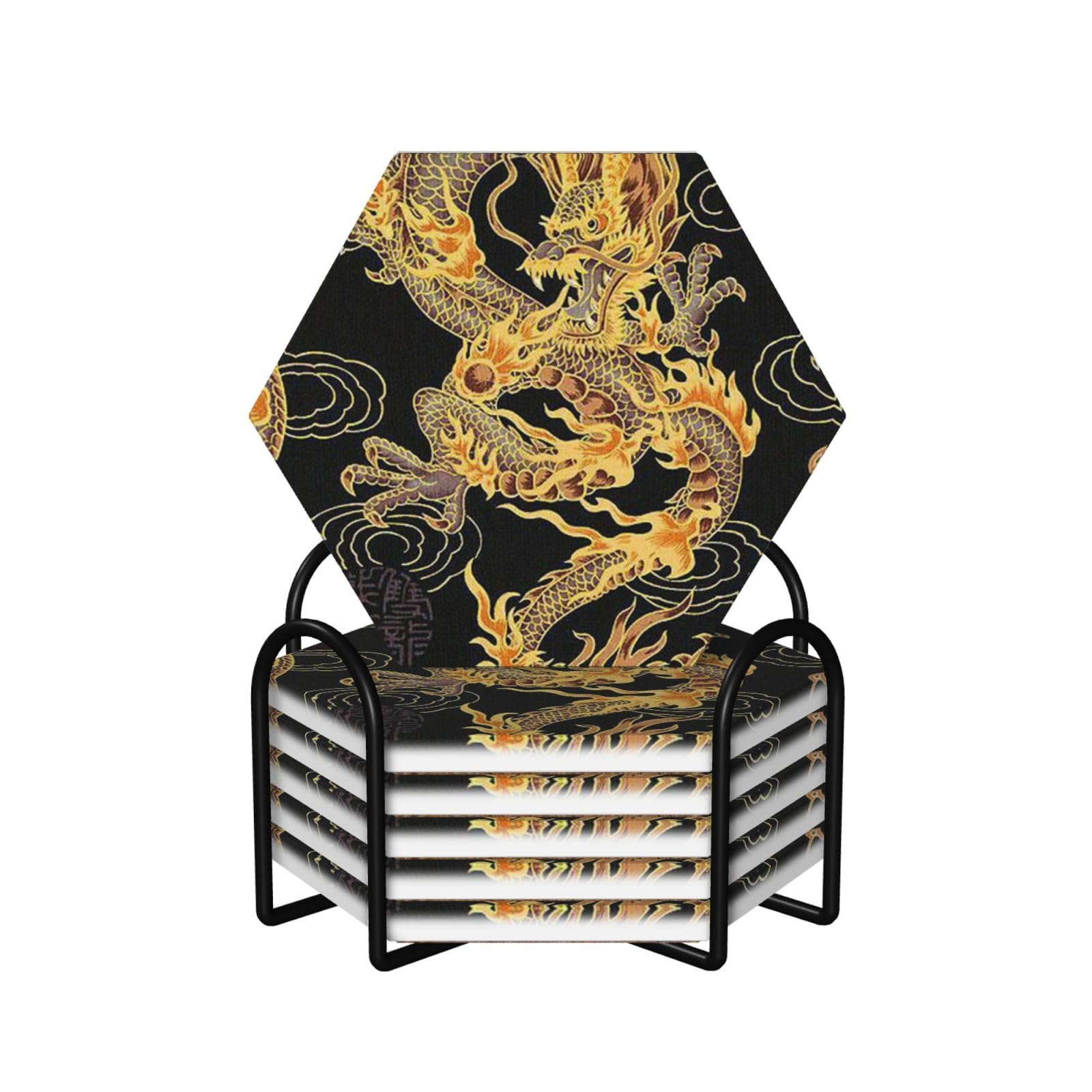 Dessous de verre dragon jaune en céramique x6 avec support métal pour table basse chic