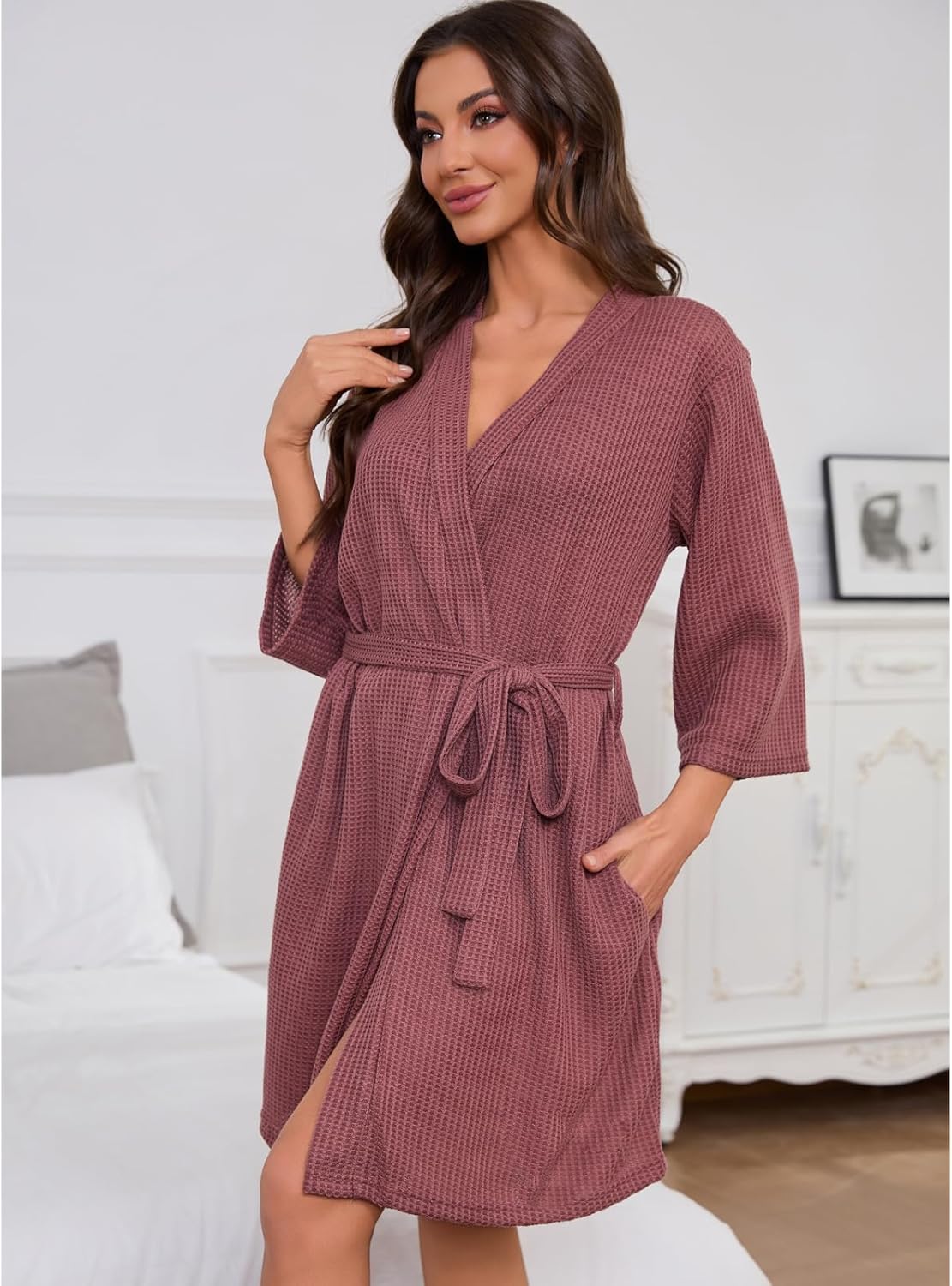iniber Robes for Women Waffle Knit Bathrobe Soft Lightweight Knee Length Loungewear S-XXL - Image 3
