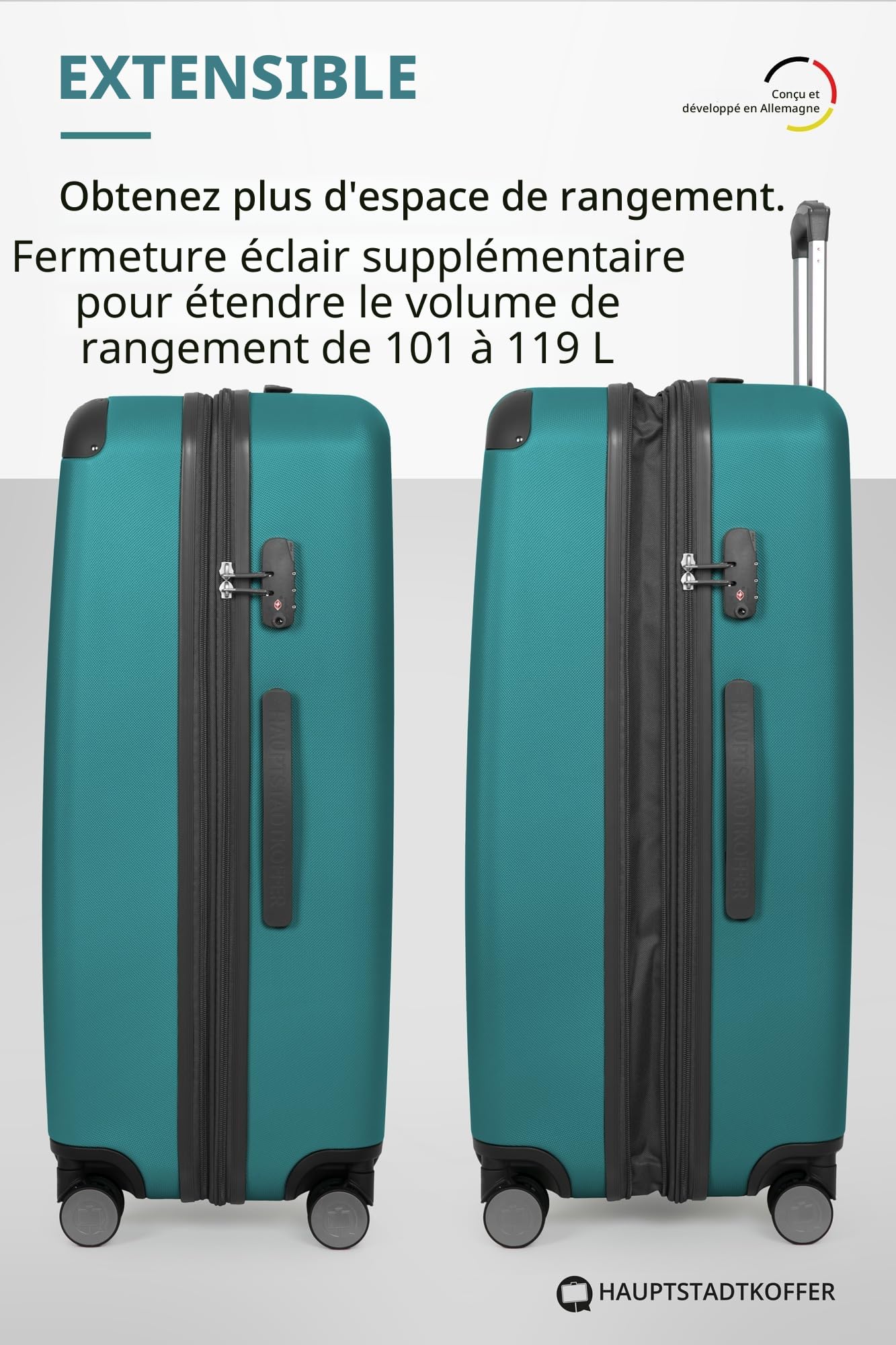 Hauptstadtkoffer Spree – Grande Valise Rigide, Serrure TSA, 4 Doubles roulettes, Trolley, Valise de Voyage, Extension de Volume, 75 cm, 119 litres, AquaVert