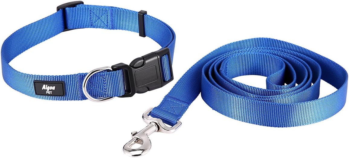 Dog Collar and Leash Set, Aigou@ Safe Strong Matching Nylon Adjustable Dog Collar and Leash Set for Small Medium Dogs and Cats Great for Walking and Training 1 Inch Wide / 5 Feet Long (XL, Blue)