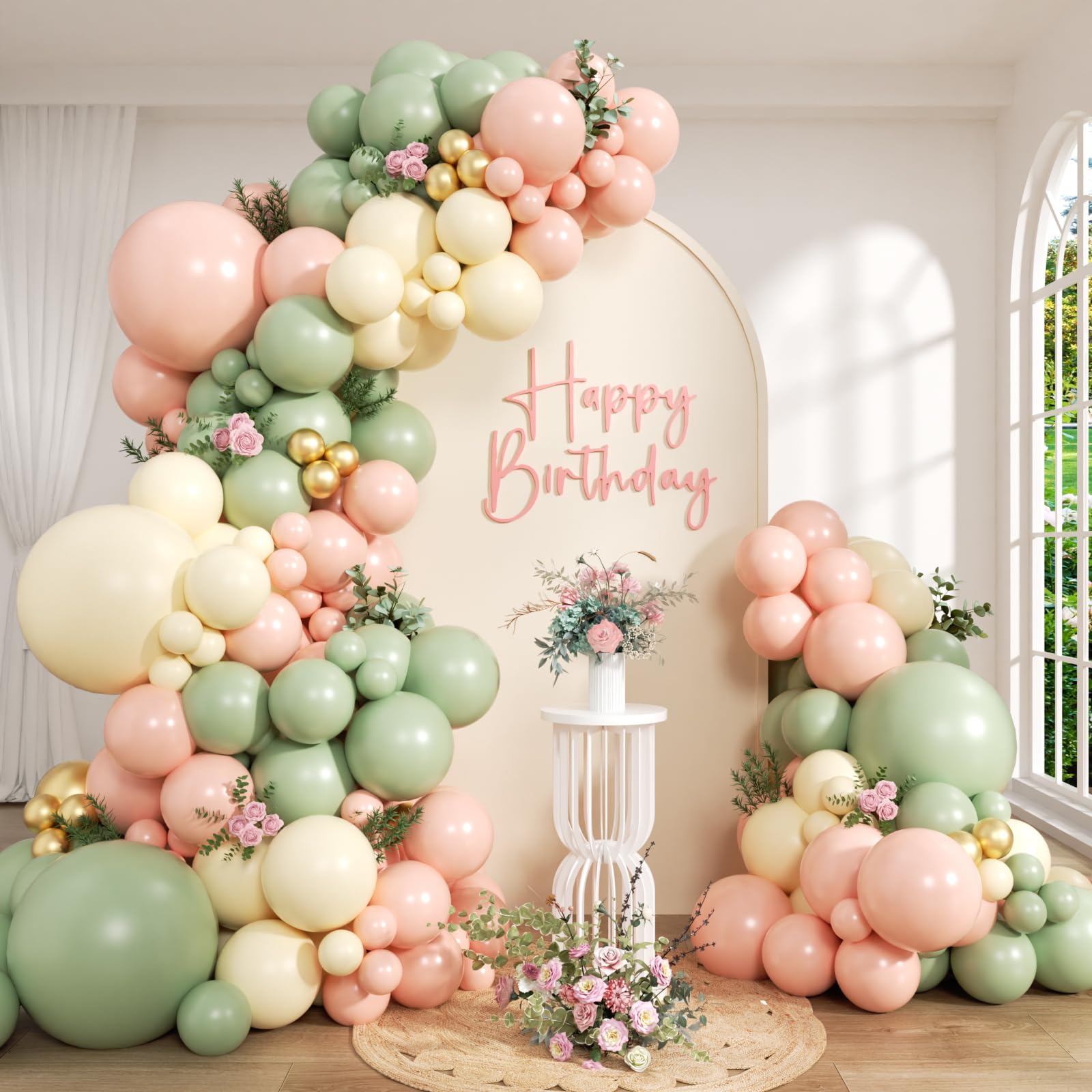 Photo 1 of 147pcs Pink and Green Balloon Arch Garland Kit, 5 10 12 18inch Sage Green Light Pink Sand White Gold Latex Balloons for Woodland Jungle Birthday Party Baby Shower Decorations
