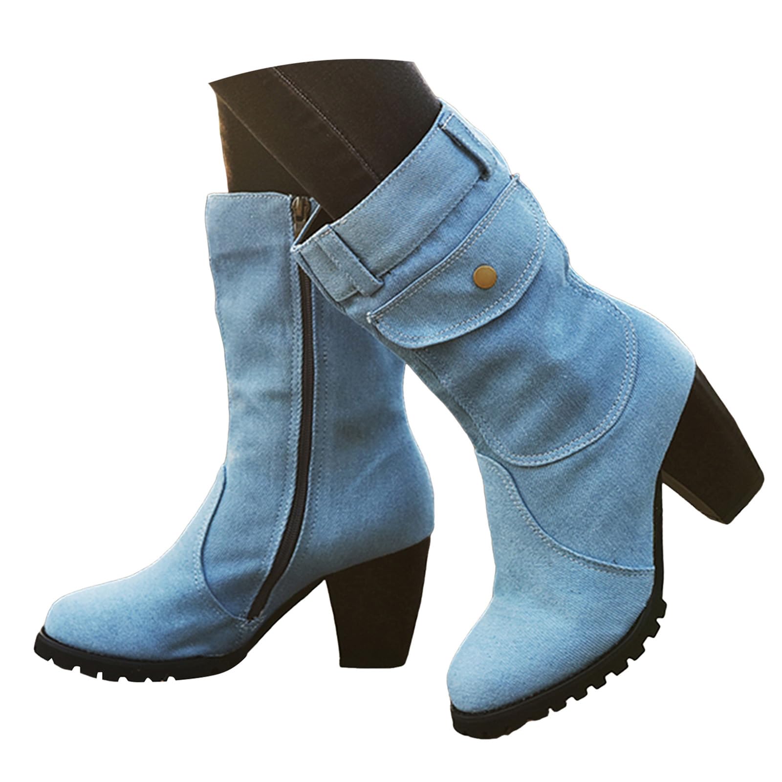 Womens Mid Calf Cowboy Boots Cowgirl Western Platform Side Pocket Denim Chunky Block High Heels Round Toe Booties