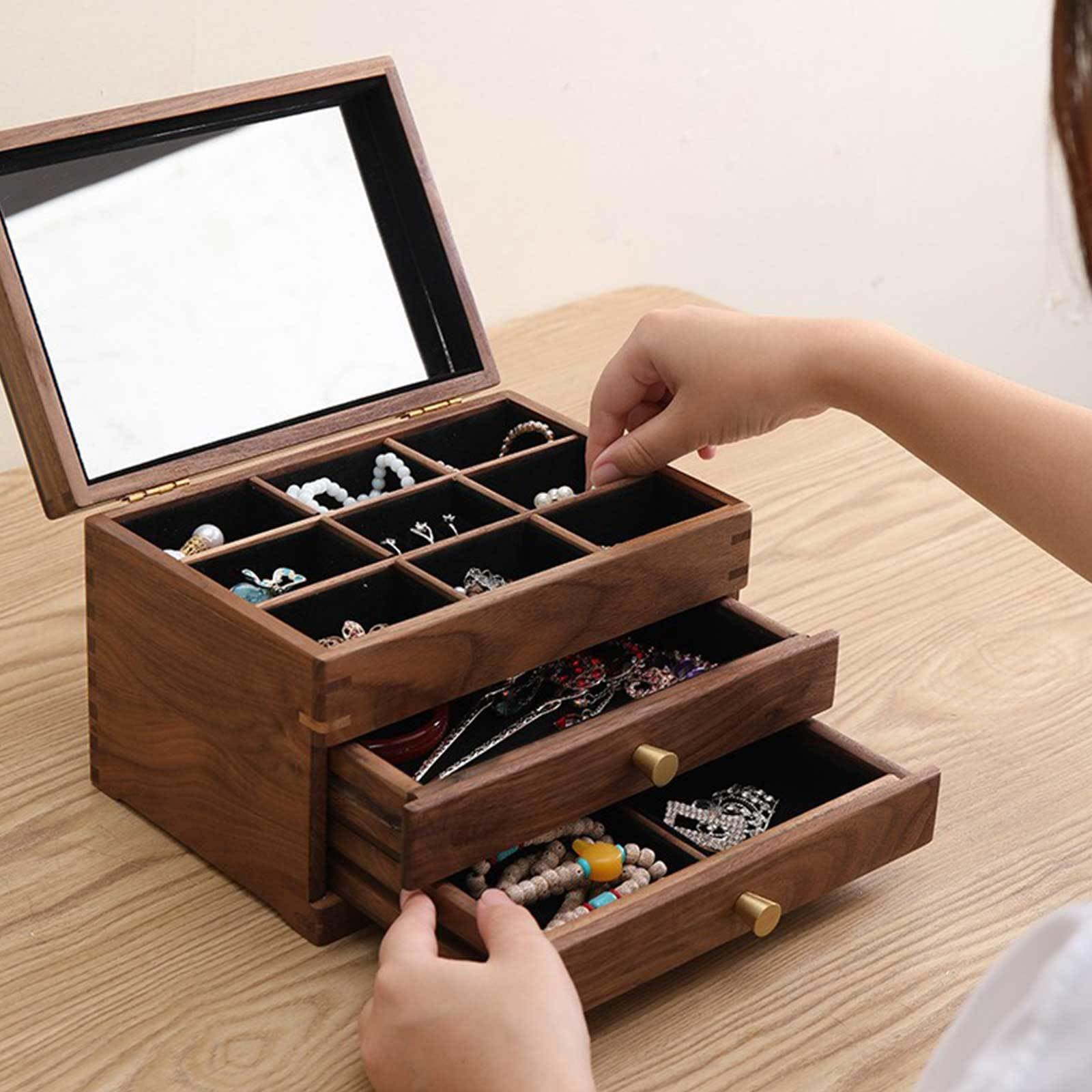 Pudełko na biżuterię, Solid Wood Jewelry Box Mirror 2 Drawers Velvet Interior 9.45x6.30x6.69 Inches Storage Organizer