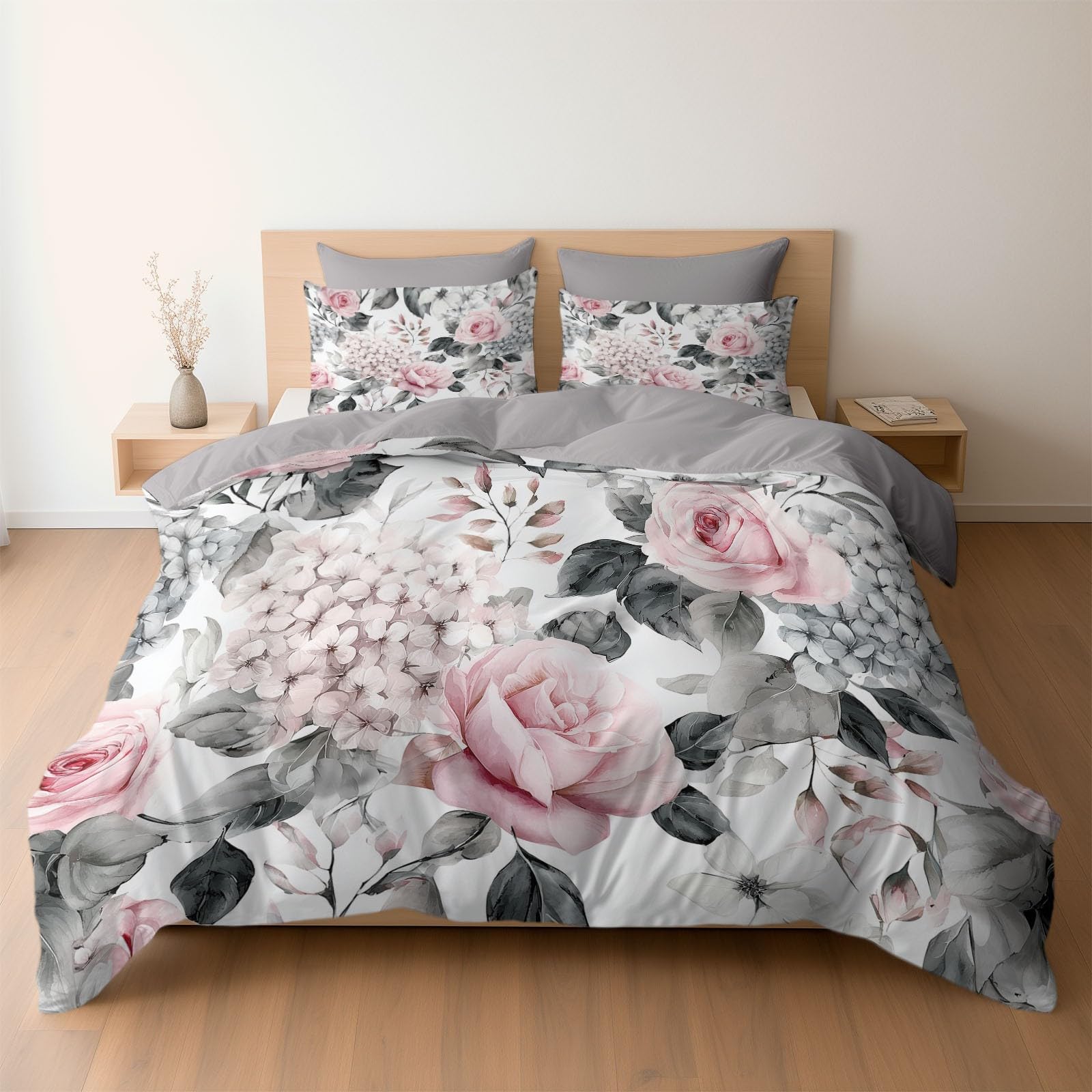 Housse de couette 160 x 200 cm rose gris taie oreiller parure de lit microfbre