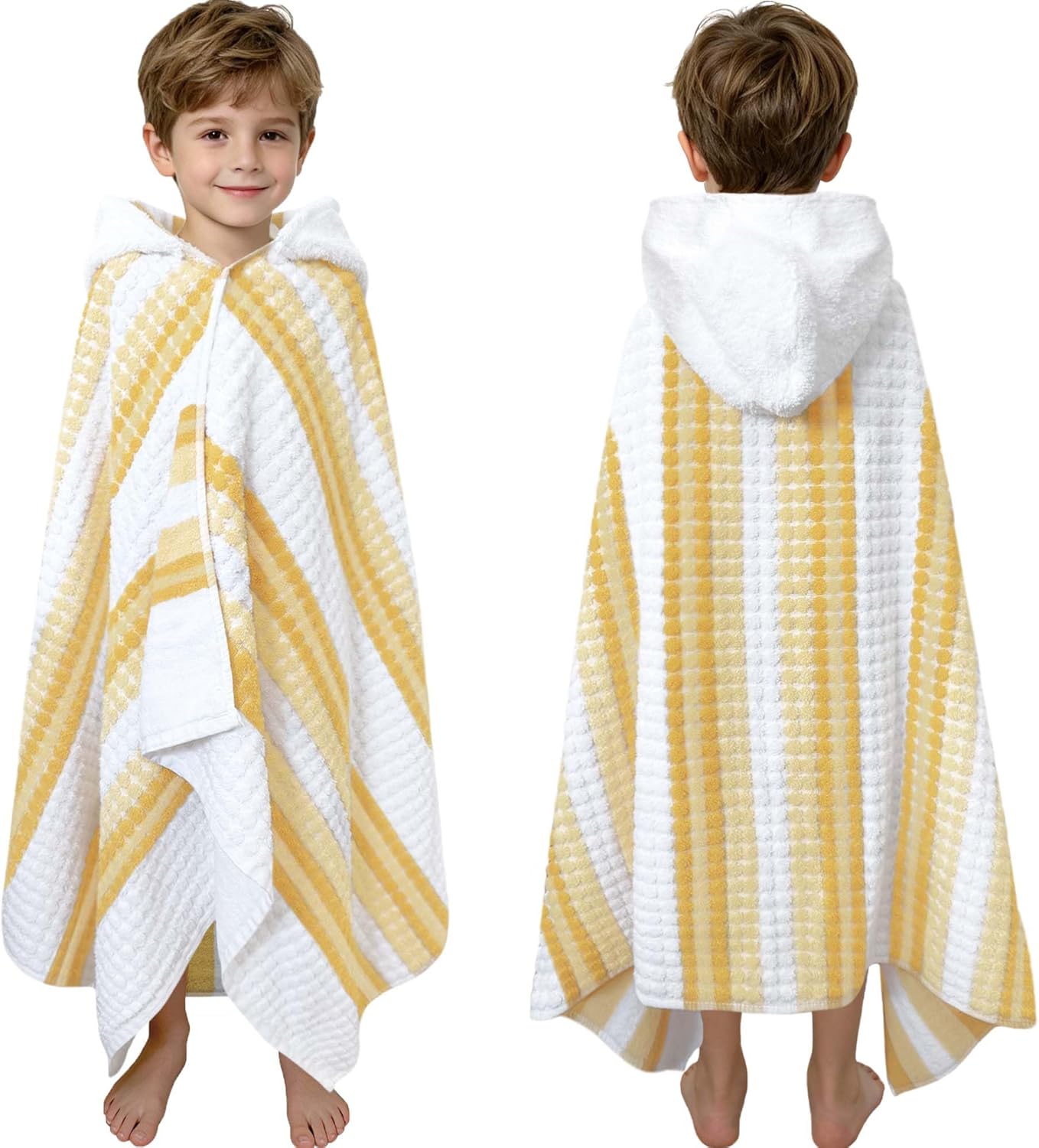 Hooded Bath Towel for Teens/Big Kids (3-10 Years,55"X29") | Soft FluffyQuick Dry Absorbent 100%Cotton Thick Towel Wrap | Versatile Beach, Pool, Swim & Bath Cover-Up | Pale Yellow Vertical Stripe