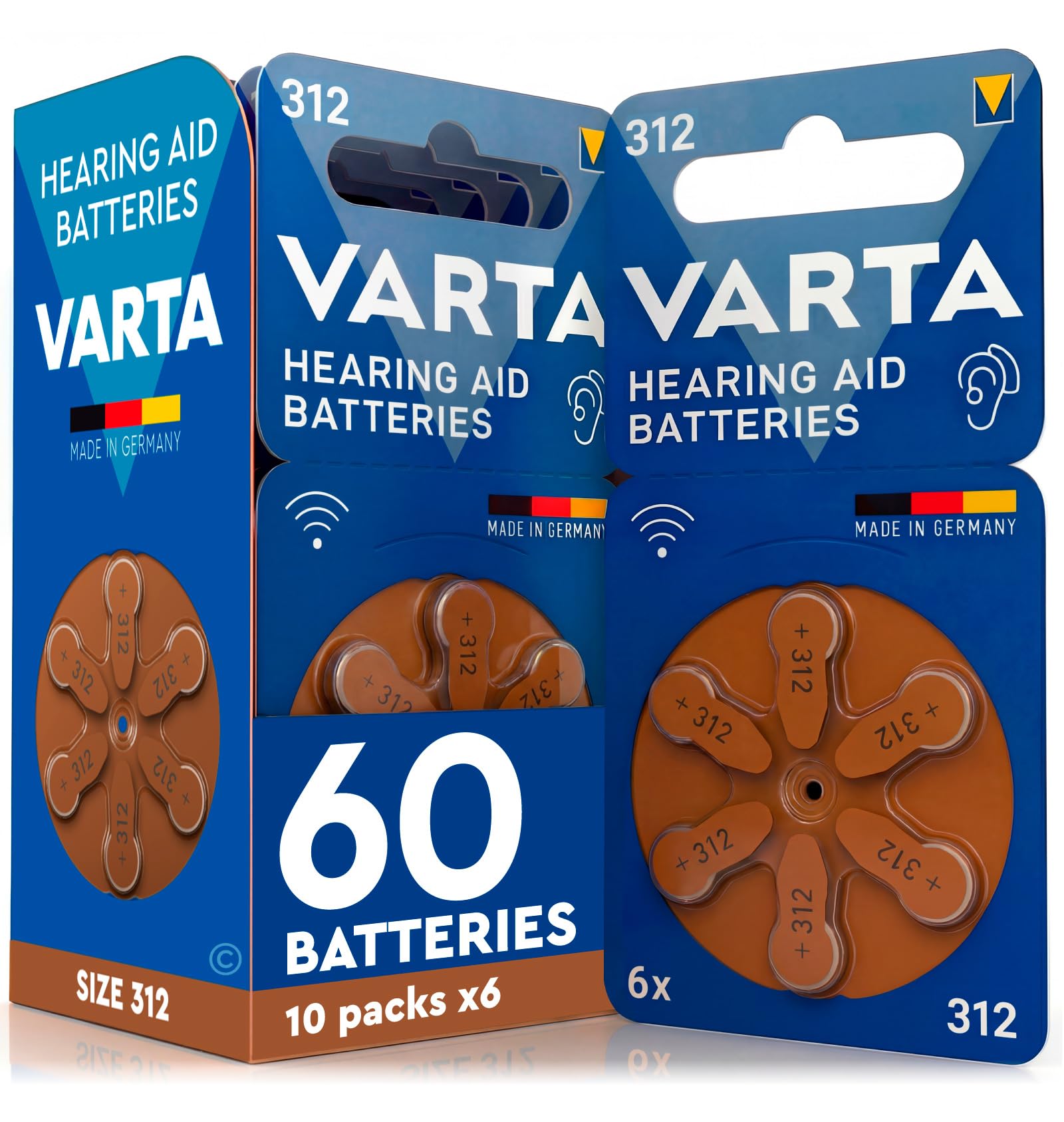 60 Piles Auditives Taille 312 (Marron) PR41 VARTA Zinc Air Tension Stable Longue Durée Résistantes aux Fuites Compatibles avec Tous Les Dispositifs Made in Germany - 10 Blisters de 6 Piles
